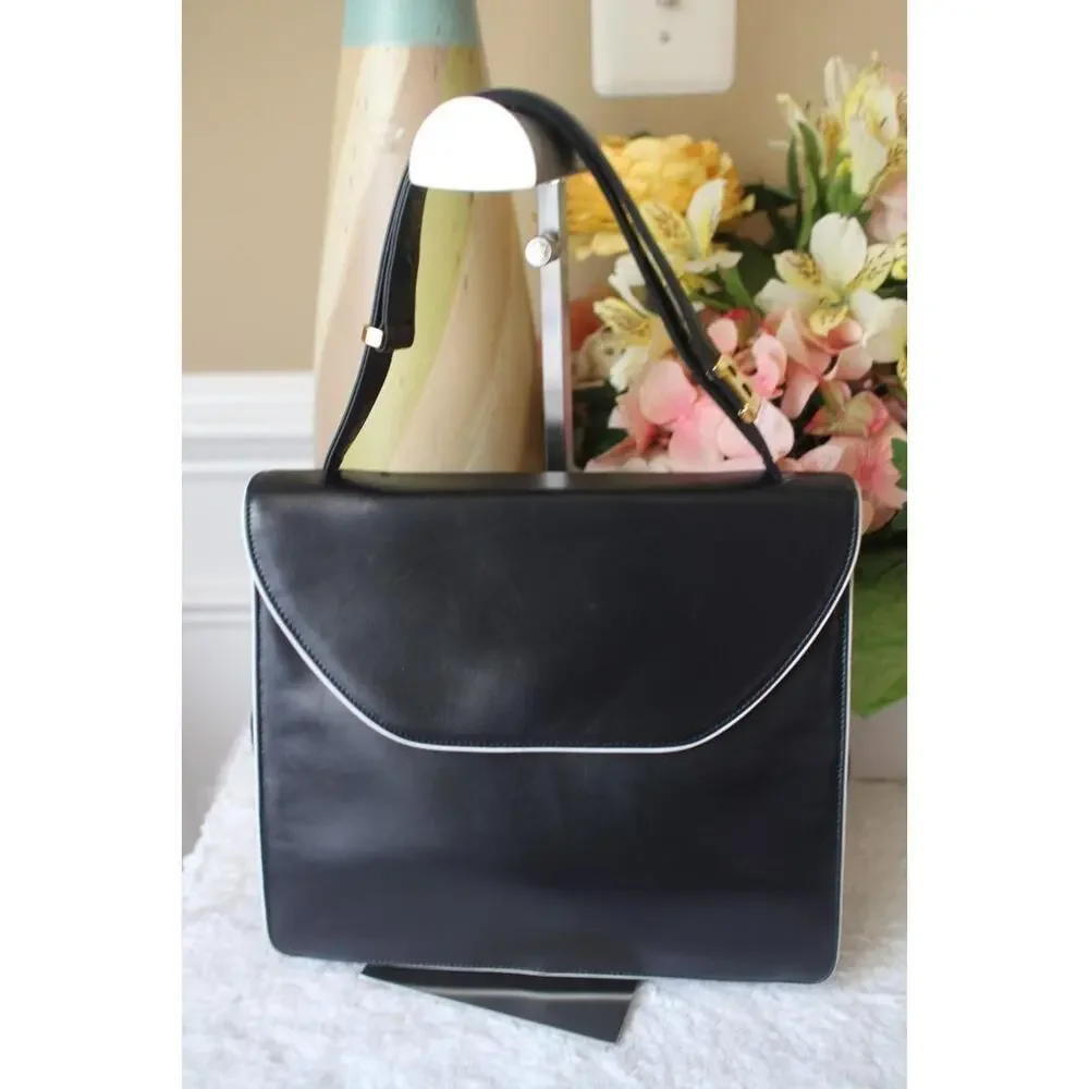 stunning BALLY BLACK WHITE TRIM HANDBAG PURSE (PU700